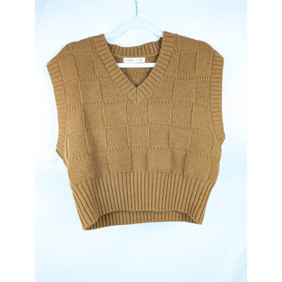 Hand Knit Checkerboard Textured V Neck Sweater Vest Brown M Wool Cottagecore Y2K - Picture 2 of 10